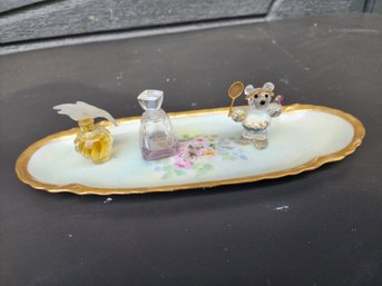 #125 Limoges Signed Hand Painted Dish By S.h. Lowes And 2 Mini Perfume Bottles And Swarovski Crystal Bear