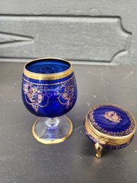 #129 Limoges Trinket Box And Matching Gold, Blue And Crystal Brandy Glass