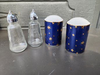 #142 Crystal And Pottery Salt And Pepper Shakers