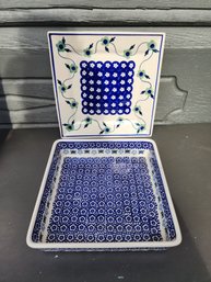 #143 2 Hand Painted And Hand Made Polish Pottery Dishes.  Beautiful