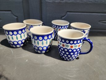 #185 Boleslaweic Polish Hand Made And Painted Set Of 6 Mugs Very Pretty