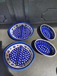 186  Boleslaweic Polish Hand Made And Painted  Sectioned Plates And 2 Serving Plates