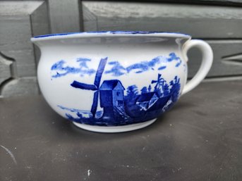 #194 Antique Blue And White English Stoneware Pot With Handle.  Wonderful