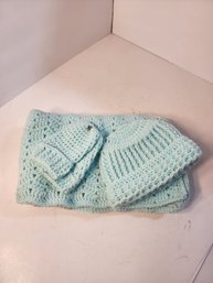 #210 Adorable Hand Made Mint Green Baby Blanket, Sweater, Hat And Mittens