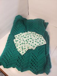 #212 Kelly Green Hand Knitted Throw And 8 Napkins