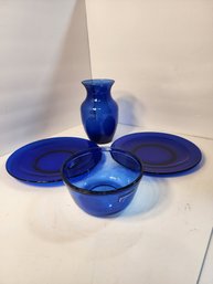 #216 Cobalt Blue Vintage Glass Ware, Vase, Plates And Bowl