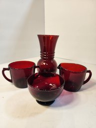 218  Lot Of Anchor Hocking Royal Ruby Red Creamer, Sugar, Vase And Bowl
