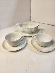 #231 Vintage White Porcelain Gravy Boat, And 2 Cups And Saucers