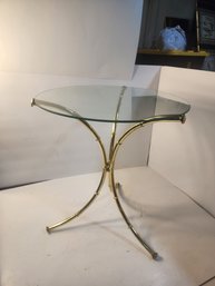 #242 Mid Century Small Brass Table With Removable Glass Top 15round By 17high
