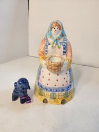#249 Cute Hand Painted Ceramic Grandma And Her Blue Poodle Or Sheep, Hard To Tell