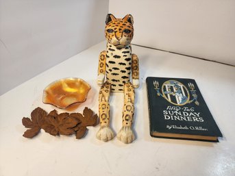 #253 Sitting  Wood Carved Leopard, Recipe Book,  Carnival Glass Dish