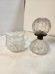 #254  Small Depression Glass Oil Lamp And Crystal Creamer