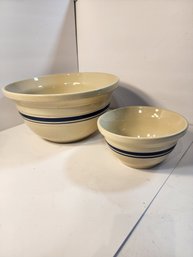 #56 2 Large Beautiful Blue Line Pottery Bowls.  One Is Huge
