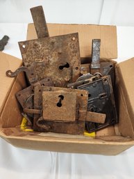 #70? BOX OF ANTIQUE LOCKS AND SUCH
