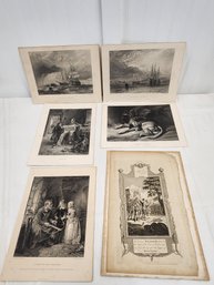 #124 Lot Of 6 Antique Etchings, Mostly Sailing Vessels But A Fabulous Dog Is Included