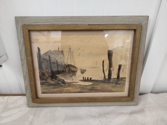 #38EM ORIGINAL BOATS IN HARBOR WATERCOLOR 17X13