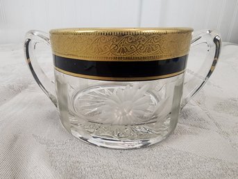 #21 1920'S ANTIQUE LEAD CRUSTAL 2 HANDLED BLACK AND GOLD RIMMED DISH