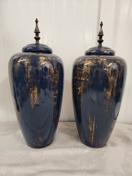 #26 2 LARGE BLUE URNS WITH LIDS