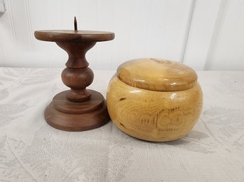 #38 WOOD HAND  CARVED BOWL AND CANDLE STICK