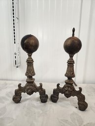 #40 2 VINTAGE BRASS ANDIRONS ONE IS MISSING FINIAL