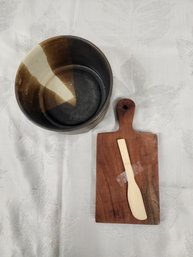 #79 STUDIO POTTERY BOWL AND SMALL WOOD CUTTING BOARD