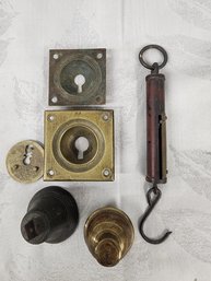 #110 2 HANGING SCALES, BRASS LOCKS AND BELL LOT
