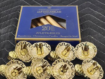 #234  Vintage Christmas Tree Candle Clip On Holders With Gold Candles 8 Each