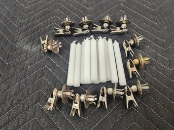#235  Vintage Christmas Tree Candle Clip On Holders With Gold Candles 11 Each
