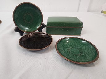 #43 Vintage Cloisonne Box And 3 Trinket Dishes