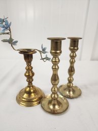 #46 3 Mid Century Brass Candle Sticks And  Bovano Of Chesire  Enamel Pansy Topper