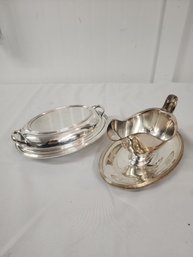 #48? Silver Plate Gravy Boat And Serving Dish Lidded  Very Pretty