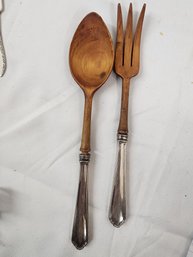 #88 STERLING SILVER HANDLED AND WOOD SALAD  SET