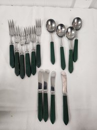 #92 RUSSELL SET OF  SILVERWARE WITH DEEP GREN HANDLES