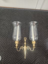 #135  BRASS AND GLASS 2 CANDLE WALL SCONCE MID CENTURY #1
