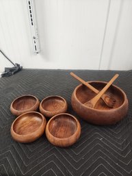 #159 MID CENTURY SALAD BOWL AND SMALLER BOWLS AND SERVING UTENSILS