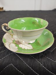 #167 OCCUPIED JAPAN VINTAGE BEAUTIFUL GREEN TEACUP AND SAUCER SET