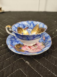 #168 OCCUPIED JAPAN VINTAGE BEAUTIFUL BLUE AND GOLD TEACUP AND SAUCER SET