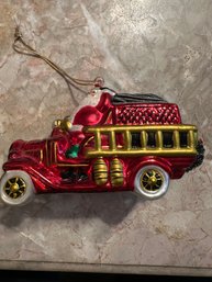 Glass Santa Ob Fire Truck Ornament