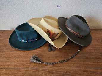 3 Beautiful Cowgirl Hats, Including One Stetson Straw Hat From Palm Beach, FL, With Beautiful Feathers