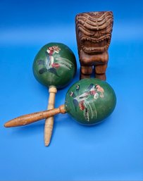 2 Vintage Made In Mexico, Green Gourd Maracas Plus A Hawaiian God Kane Wooden Sculputure