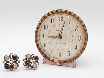 Vintage Pink Rhinestone Baby Ben Alarm Clock Plus A Lovely Pair Of Rhinestone Clip On Earrings