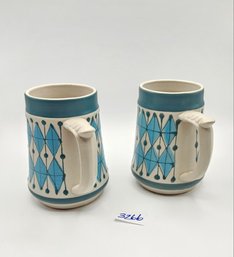 Two Vintage MCM Blue & White Diamond Patterned Beer Stein