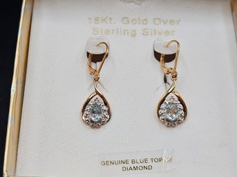 Genuine Blue Topaz Diamond 18Kt. Gold Earrings Over Sterling Silver In Original Box