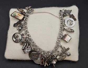 One-Of-A-Kind Sterling Charm Bracelet With Charms From Around The World. Many Charms Marked Sterling