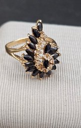 Exquisite Marquise Cut Sapphire/diamond Ring. 18Kt Gold Over Sterling Silver.