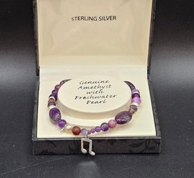 Genuine Amethyst & Fresh Water Pearl Sterling Silver Bracelet In Original Box