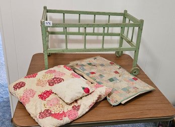 Antique Baby Doll Bed With Wheels Has Mattress And Quilt