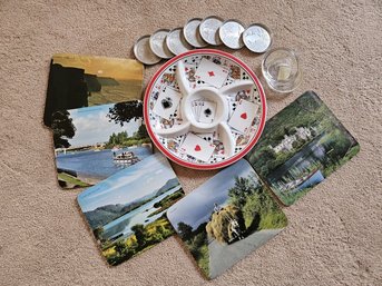 Game Night Placemats, Serving Dish And Vintage Coasters