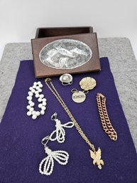 Wooden Box With Hand-tooled Aluminum Top Filled With Costume Jewelry