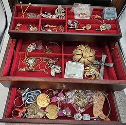 Cherry Finished Jewelry Box Filled With Vintage Pins, Costume Jewelry, Mementos And More